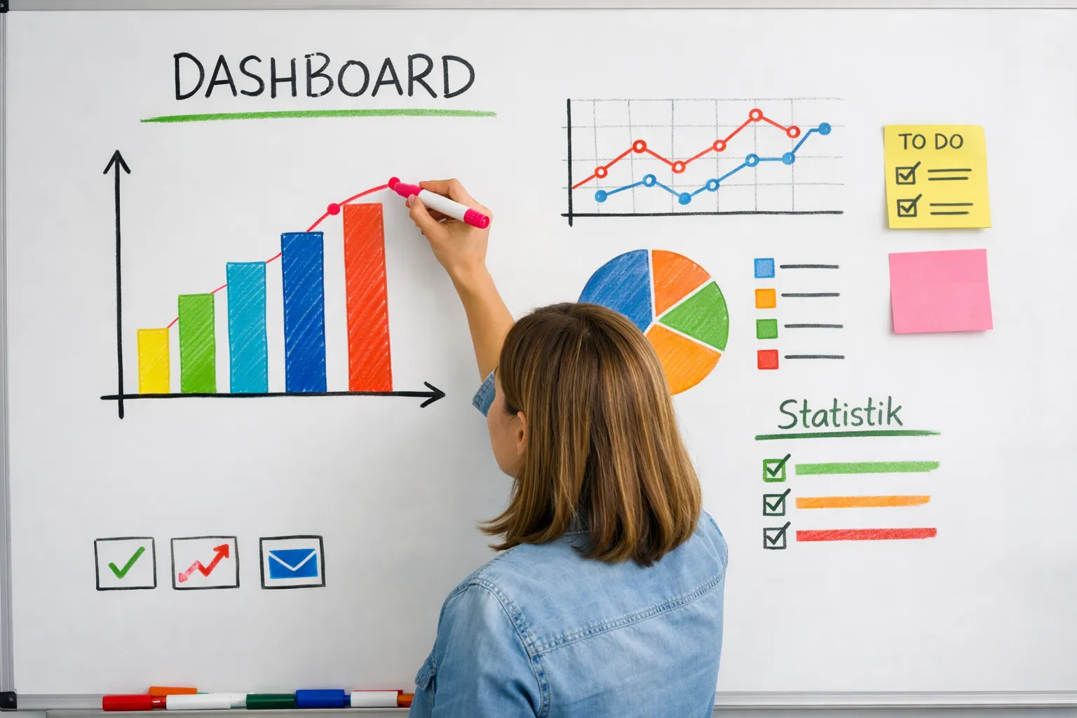 Frau zeichnet auf einem Whiteboard ein Dashboard mit Balkendiagramm, Liniendiagramm, Kreisdiagramm, einer To-do-Liste und einem Abschnitt Statistik.