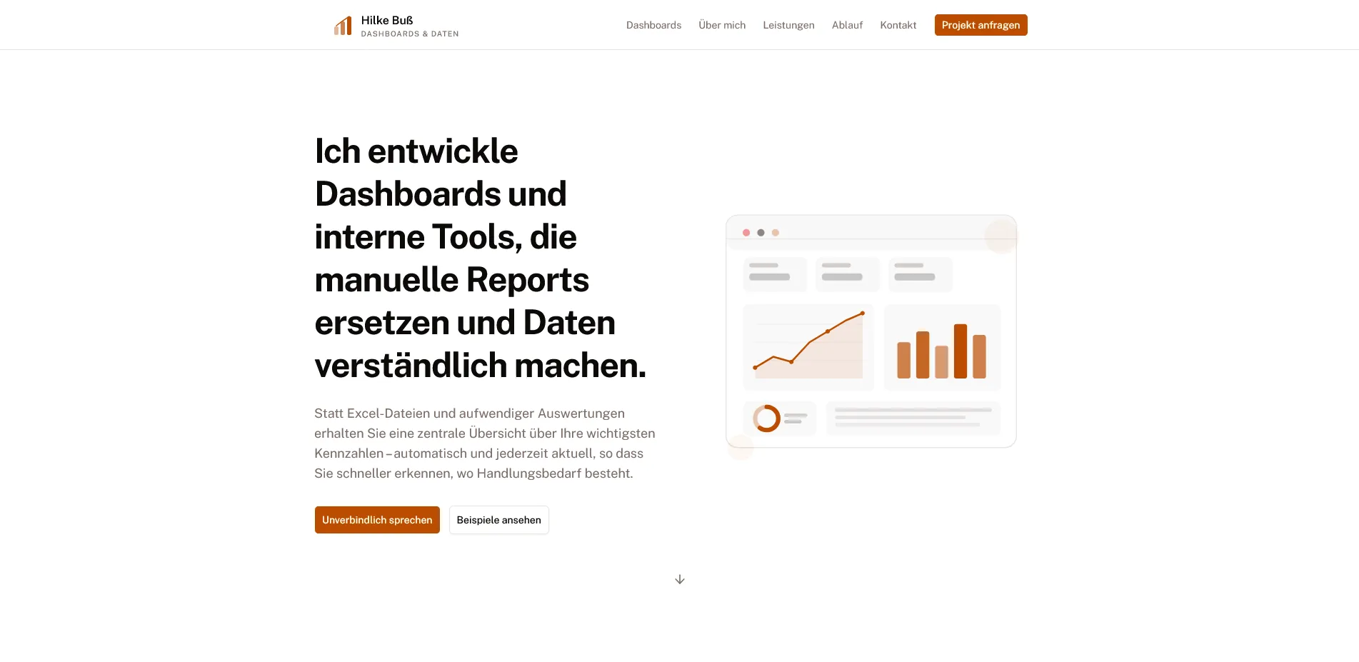 Überarbeiteter Startbereich der Website mit Dashboardgrafik und Schaltflächen für Gespräch und Beispiele