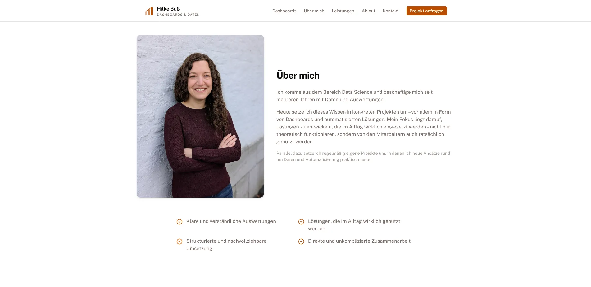 Über-mich-Bereich mit einem Porträt von Hilke Buß, kurzem beruflichem Profil und vier Arbeitsprinzipien